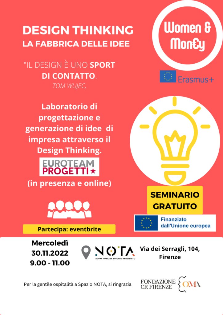 Design Thinking - locandina del seminario del 30/11/2022 presso Spazio NOTA - Firenze