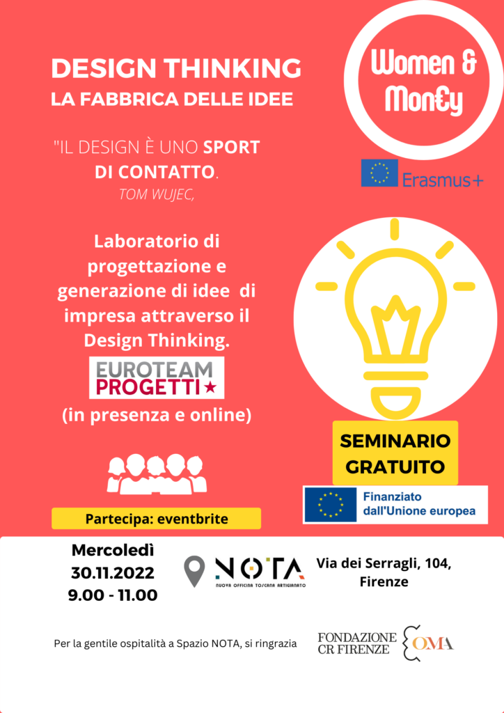 Women&Money locandina DT Design Thinking - locandina del seminario del 30/11/2022 presso Spazio NOTA - Firenze