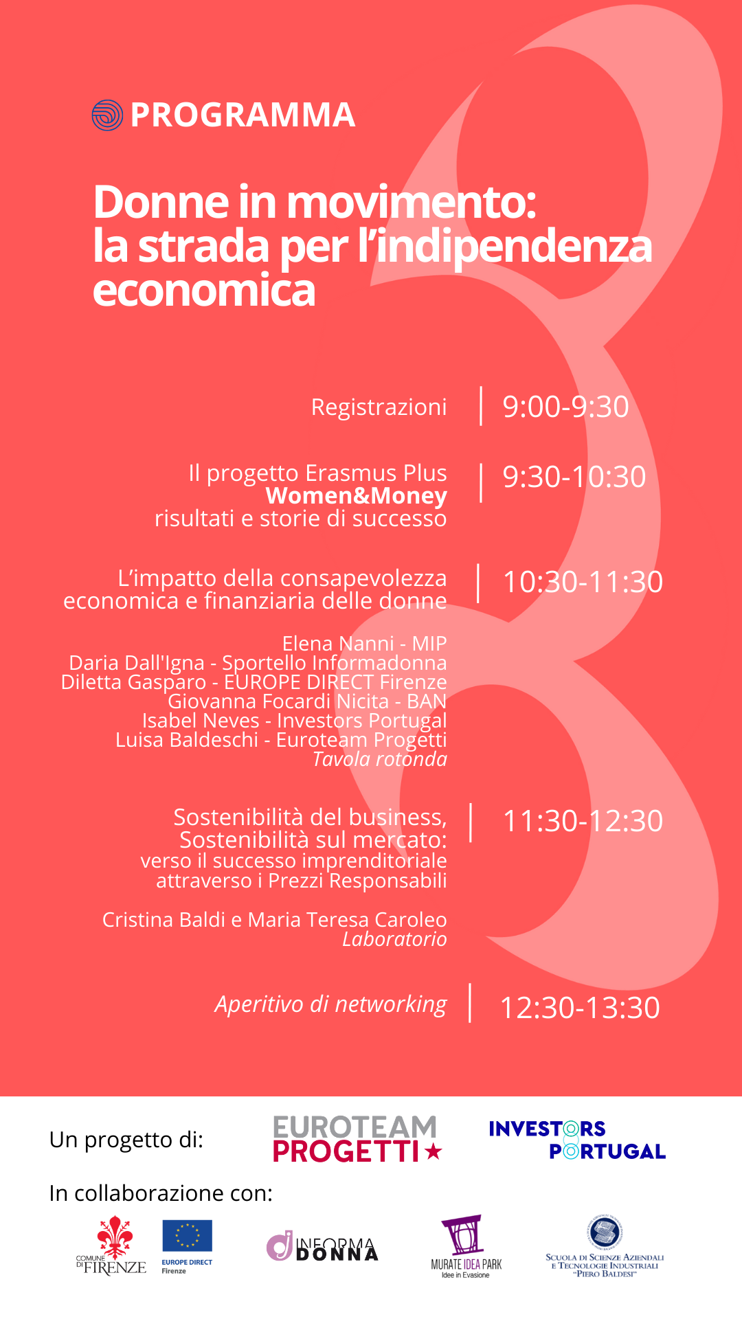 1a pagina Locandina evento Donne in movimento. Immagini grafiche, logo dei partner di progetto, programma dell'evento