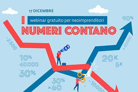 "I numeri contano" per la Camera delle Marche, grafica con figurini che osservano i numeri sulle linee di un grafico