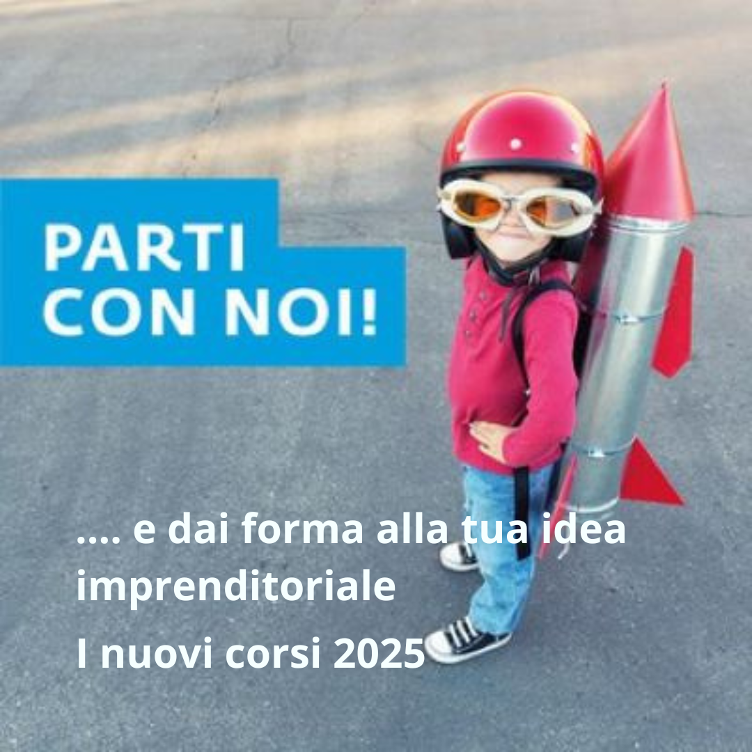 Parti con Noi e dai forma alla tua idea imprenditoriale, bambino con casco rosso e razzo sulla schiena