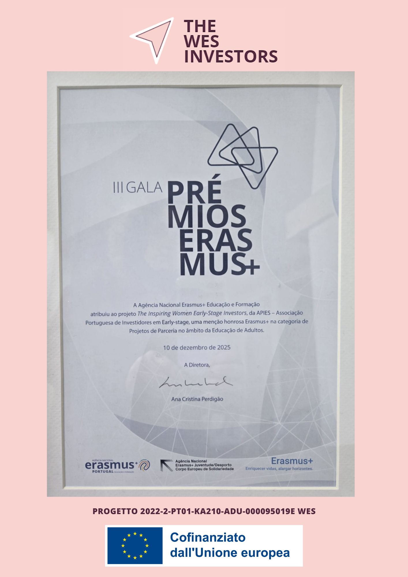 menzione d'onore Menzione d'onore Erasmus Plus per il progetto The Women Early Stage Investors WES
